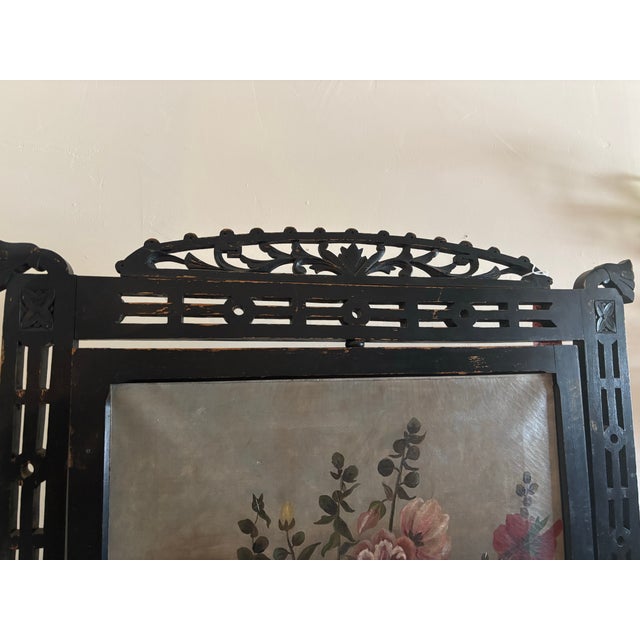 Textile Vintage Victorian Fireplace Ebony Screen Featuring a Hand Painted Floral Arrangement on Canvas For Sale - Image 7 of 7
