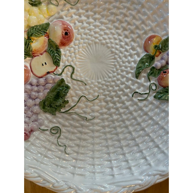 Rustic European Late 20th Century 17” Majolica Basketweave Bowl With Handpainted Fruit Made in Italy For Sale - Image 3 of 12