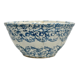 Beautiful Large 12 Inch Size Antique American Blue Spongeware Decorated Stoneware Kitchen Mixing Bowl - 1890s