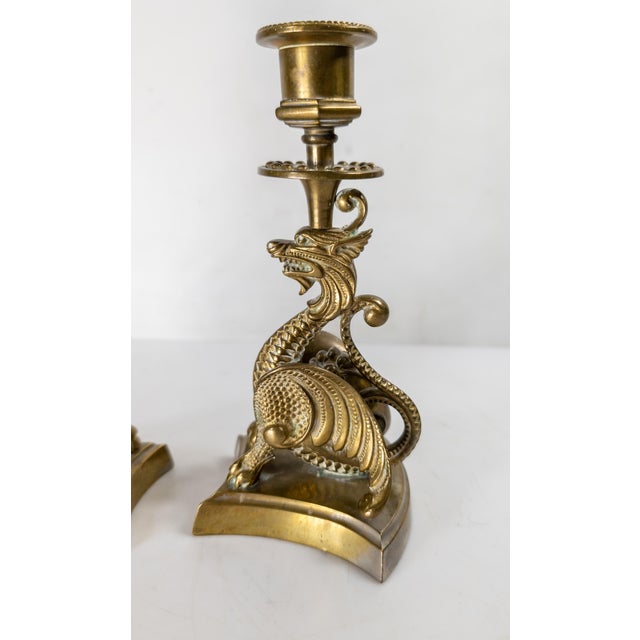 19th Century Victorian Pair of Brass Dragon or Griffin Form Candlesticks, Probably French For Sale - Image 4 of 10