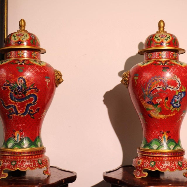 Chinese Pair of Chinese Cloisonné Vases | Red Ground Dragon & Phoenix Motif With Stands For Sale - Image 3 of 9
