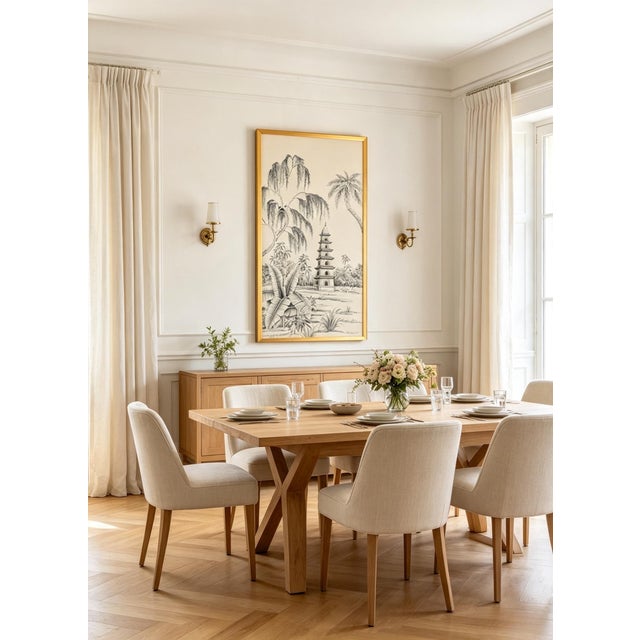 Chinoiserie Hand Painted Chinoiserie Wallpaper Mural With Blue and White Landscape, Oriental Scenery Wall Art For Sale - Image 3 of 3