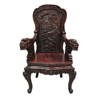 Antique Japanese Export Carved Hardwood Foo Dog Figural Throne Desk Arm Chair For Sale