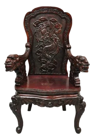 Antique Japanese Export Carved Hardwood Foo Dog Figural Throne Desk Arm Chair