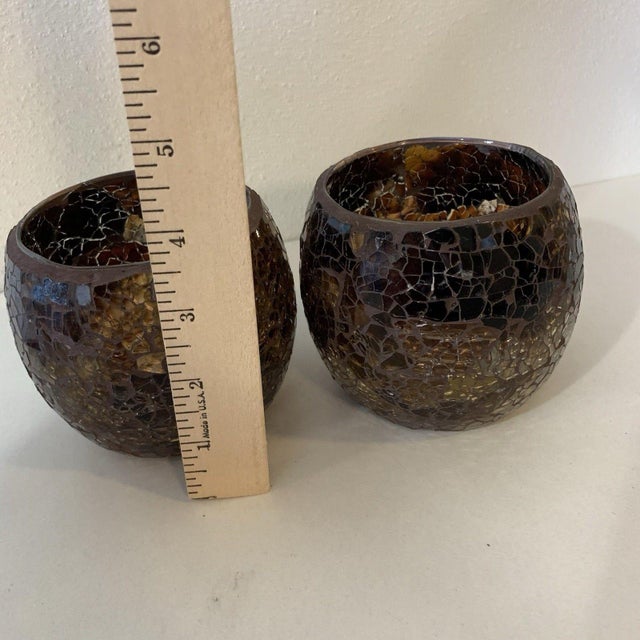 Glass Handmade Amber Brown Mosaic Glass Votive or Tea Light Candle Holders BoHo For Sale - Image 7 of 7