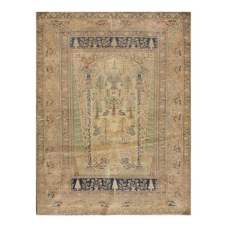 1920s Antique Beige Cypress Trees Animals Panderma Kayseri Turkish Knotted Rug For Sale