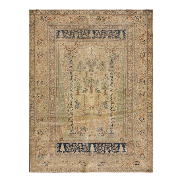 1920s Antique Beige Cypress Trees Animals Panderma Kayseri Turkish Knotted Rug For Sale