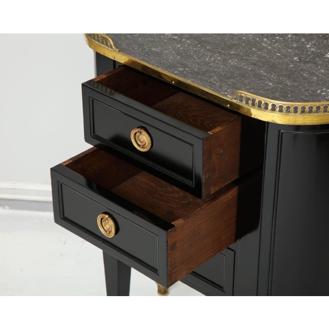 Pair of Ebonized French Marble-Top Petite Commodes With Brass Gallery For Sale - Image 9 of 13
