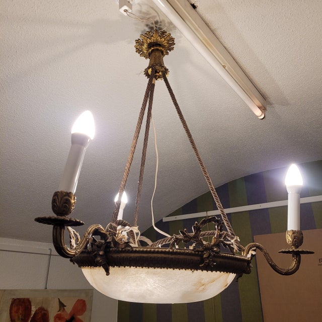 Early 20th Century Art Nouveau Ceiling Lam in Alabaster and Gilt Bronze, France, 1930s For Sale - Image 4 of 18