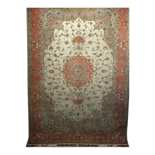 Tabriz Rug, Hand-Knotted Wool & Silk, Fine Floral Pattern, Ivory & Salmon, 7x10 For Sale