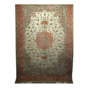 Tabriz Rug, Hand-Knotted Wool & Silk, Fine Floral Pattern, Ivory & Salmon, 7x10