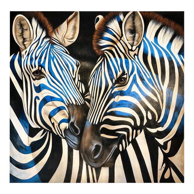 Contemporary Zebra Original Painting in Blue and Black – By P Charles, 36 X 36", Unstretched For Sale