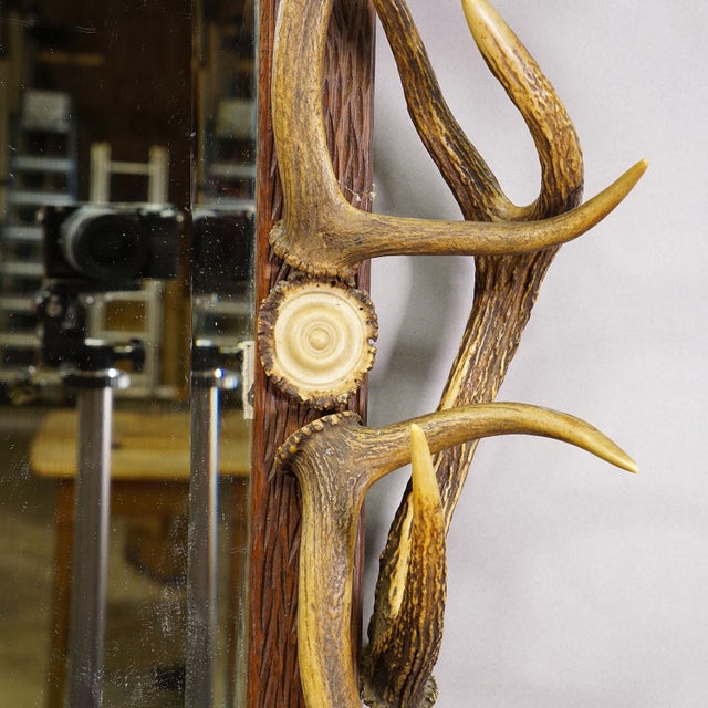 Antique Black Forest Mirror With Antler Arrangement Ca. 1920s For Sale - Image 6 of 8