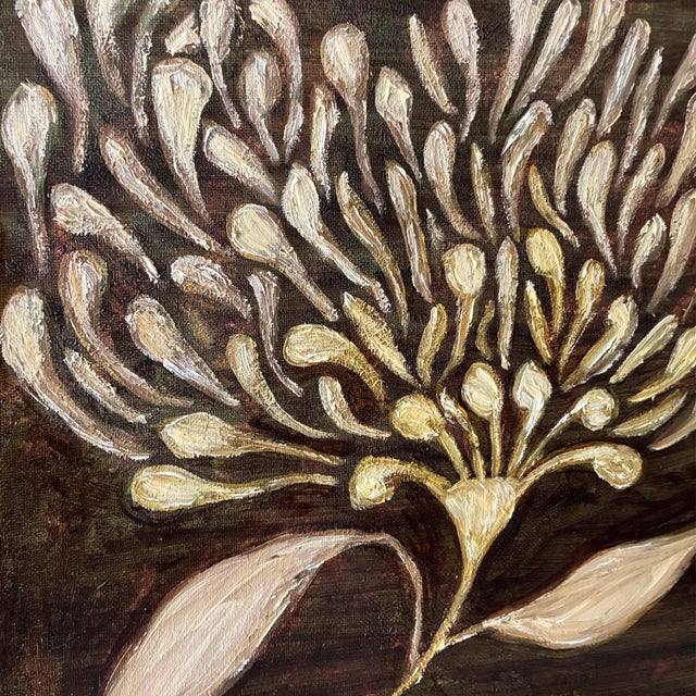 Boho Chic Original Framed Botanical Flower Painting, Dark Brown Wall Art, Oil on Canvas in Gold Frame, 14x14 Maximalist Boho Home Decor For Sale - Image 3 of 4