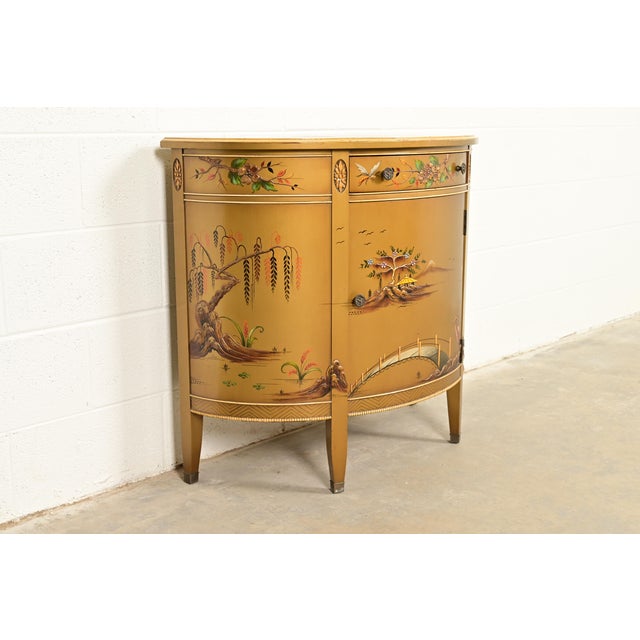 Imperial Furniture, Grand Rapids Imperial Furniture Regency Chinoiserie Gold Lacquered Hand Painted Demilune Console or Bar Cabinet, Circa 1940s For Sale - Image 4 of 14