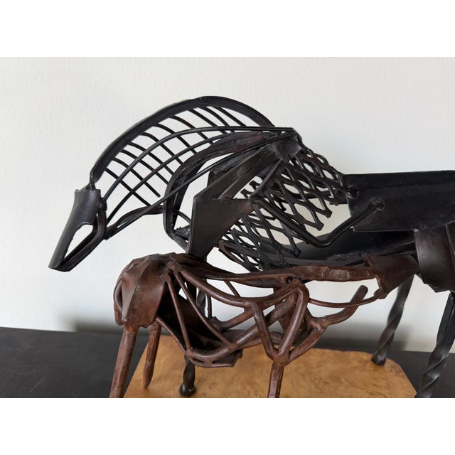 Vintage Brutalist Abstract Mare & Foal Metal Sculpture on Burl Wood Base For Sale - Image 12 of 16
