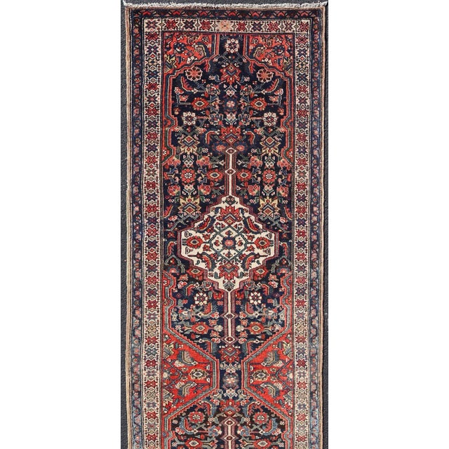 Persian Antique Malayer Persian Long Runner With Geometric Herati Pattern and Tri-Medallion Design For Sale - Image 3 of 12