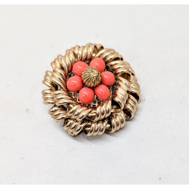 Mid-Century Modern Vintage 1960s Signed Napier Goldtone Faux-Coral Beaded Brooch For Sale - Image 3 of 7