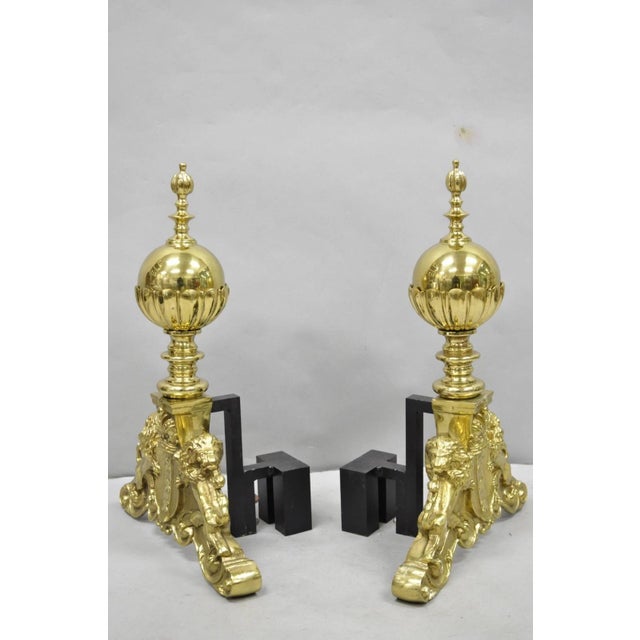 Metal Mid 20th Century French Empire Renaissance Brass Lion Coat of Arms Cannonball Andirons - A Pair For Sale - Image 7 of 14