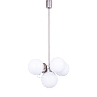 Mid-Century Modern Chandelier in Chromed Steel and Opaline Glass, Czech, 1960s For Sale