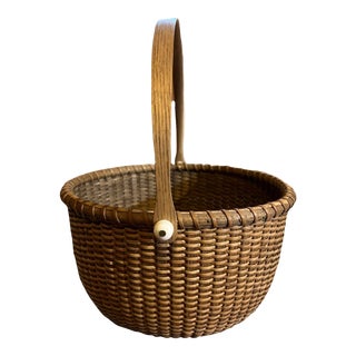 C. 1970s Nantucket Lightship Basket Open Style With Synthetic Ivory Knobs For Sale