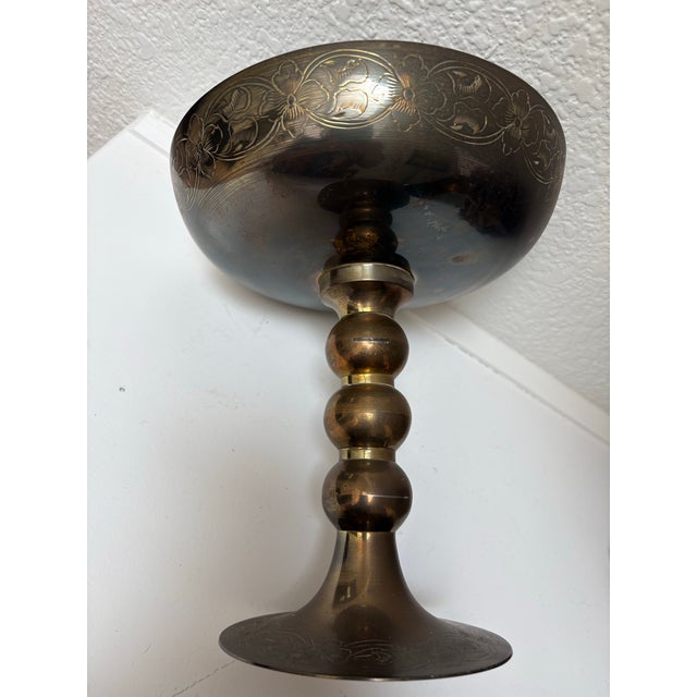 Brass Vintage Etched French Floral Brass Pedestal Bowl For Sale - Image 8 of 11