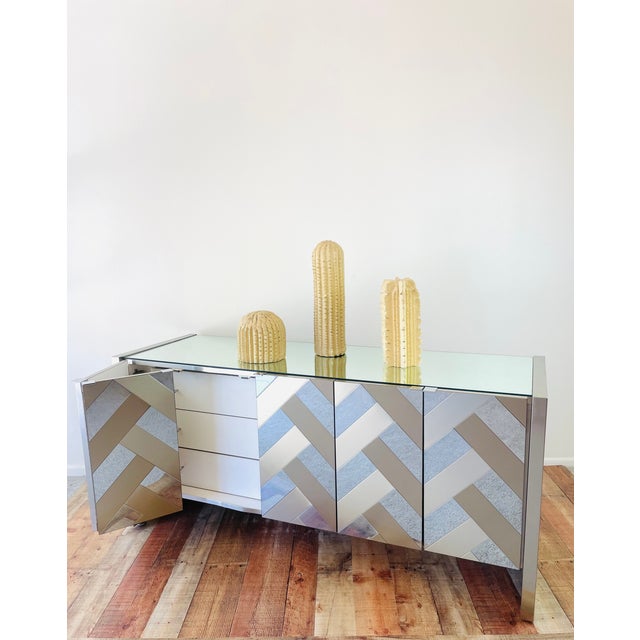 Vintage 1970s Ello Mirror & Brushed Metal Metal Mid Century Modern 5 Door Credenza Cabinet For Sale - Image 12 of 15