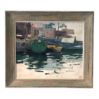 Antique Painting by Listed Artist Bertha E. Perrie (1868–1921) “Harbor Reflections” — Impressionist Oil on Board For Sale