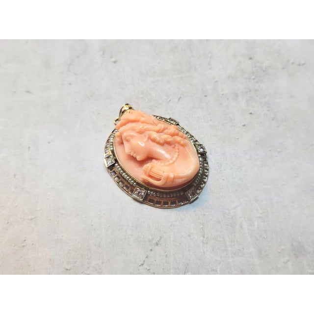 Metal Antique Carved Coral Gold Cameo With Pearl and Diamonds For Sale - Image 7 of 9