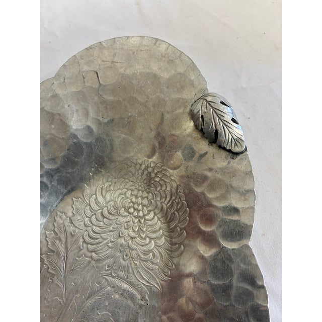 Vintage Continental Silver Co. Hand Wrought Aluminum Tray, Chrysanthemum Motif For Sale - Image 9 of 11