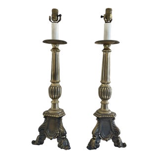 Pair of 19th Century Ornate Brass Candlestick Lamps For Sale