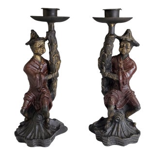 Chinese Chinoiserie Cast Iron Figurative Candle Holders Pair For Sale
