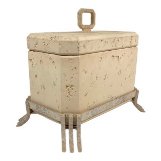 Postmodern Faux Travertine Ceramic Box With Metal Stand and Handle For Sale