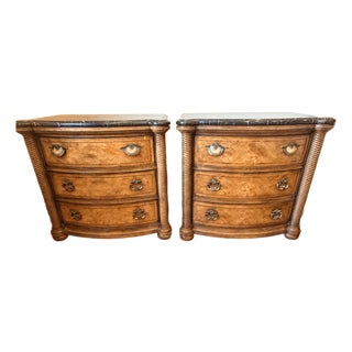 Pair of Vintage Drexel Heritage Marble‑Top, 3 Drawer Nightstands – Solid Wood and Classic Elegance For Sale