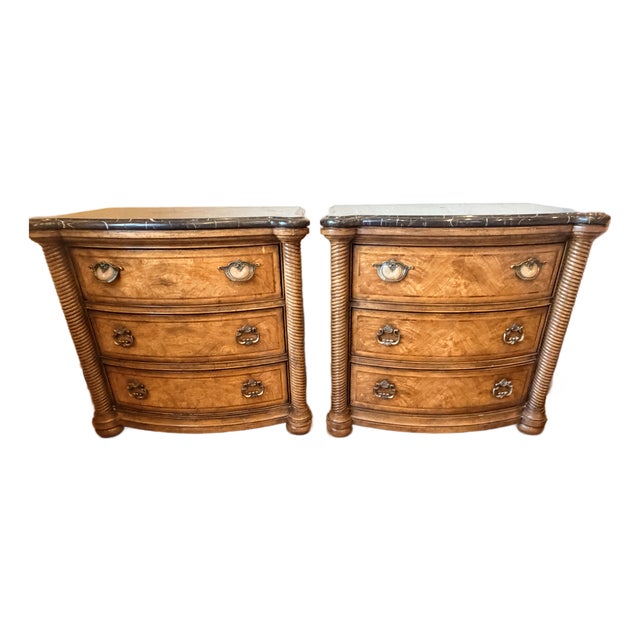 Pair of Vintage Drexel Heritage Marble‑Top, 3 Drawer Nightstands – Solid Wood and Classic Elegance For Sale