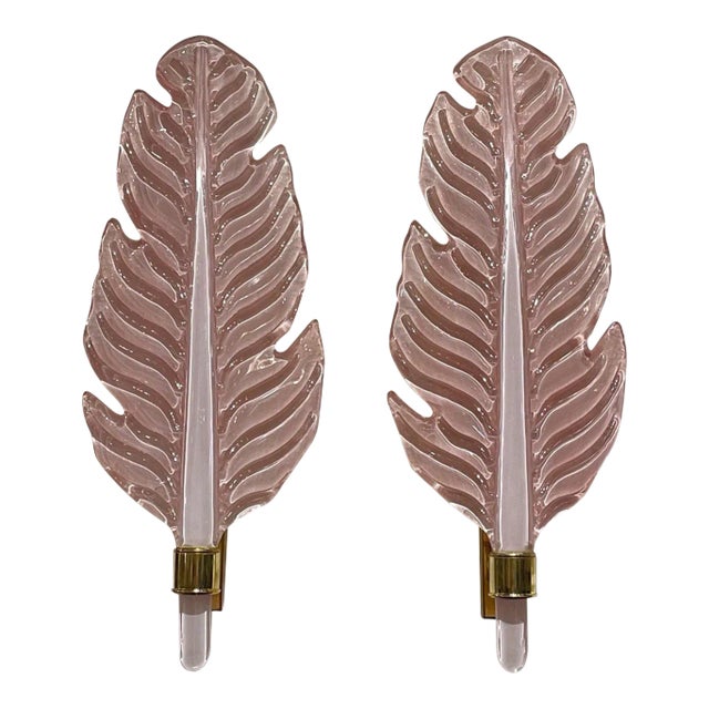 Pink Murano Glass & Brass Leaf Form Wall Sconces - A Pair For Sale