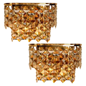 Gilded Brass and Crystal Glass Wall Sconces from Palwa, Germany, 1960s, Set of 2