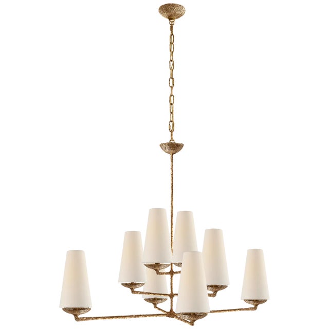 AERIN for Visual Comfort Signature Fontaine Large Offset Chandelier in Gilded Plaster with Linen Shades For Sale