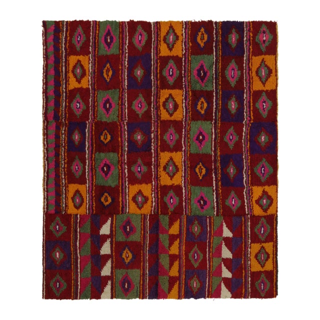 Textile 1950s Vintage Tulu Tribal Rug in Red With Polychromatic Diamond Patterns For Sale - Image 7 of 7