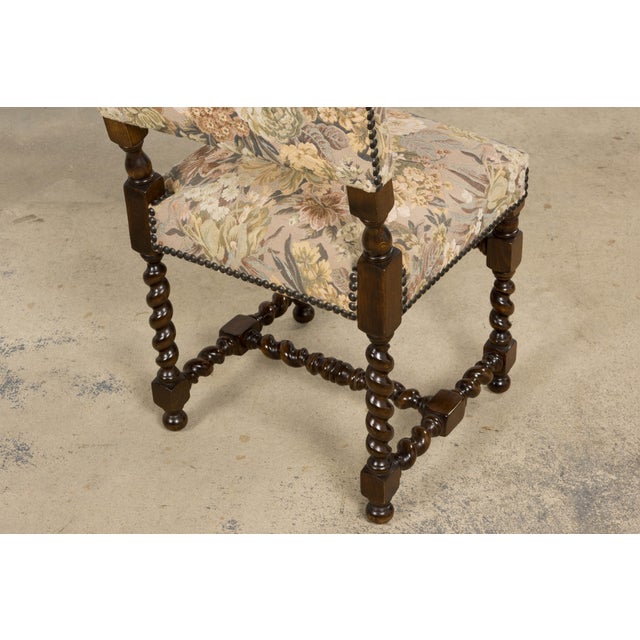 French Louis XIII Style Oak Barley Twist Dining Chairs W/ Floral Tapestry - Set of 8 For Sale - Image 12 of 18
