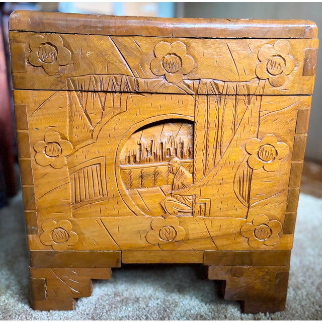 Wood Vintage 1940’s Chinese Glazed Carved Scenic Wood Chest For Sale - Image 7 of 12