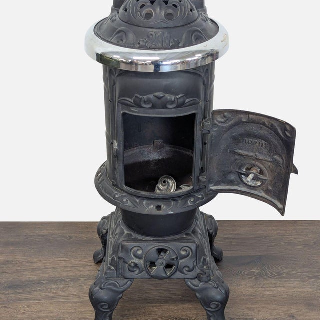 Metal Antique Iron Parlor Stove With Decorative Silver Accents For Sale - Image 7 of 8