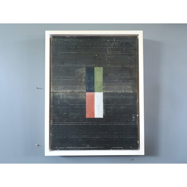 GEOMETRIC COLLAGE IN DARK BROWN Size: 12.8 x 10.2 inches (including frame) Mixed media on wooden panel A very unique...