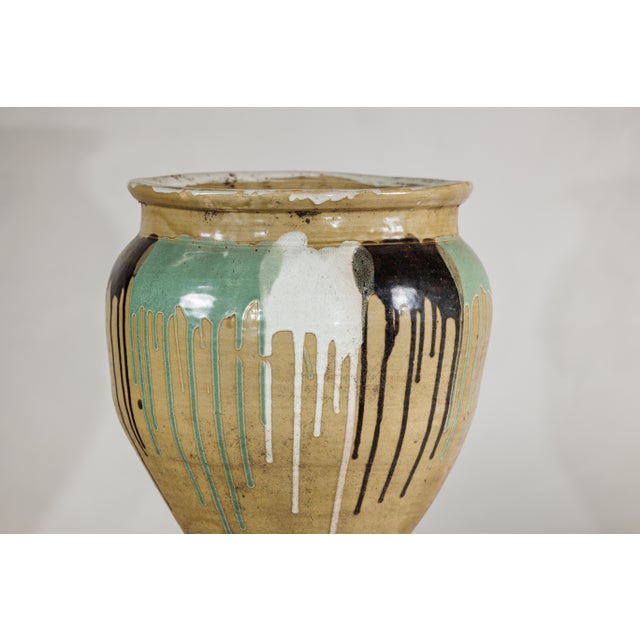 Large Antique Japanese Drip-Glazed Stoneware Jar with Multicolor Runs For Sale - Image 17 of 18