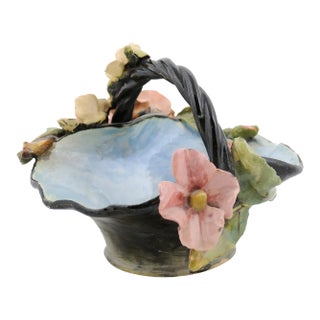 French 1880s Barbotine Majolica Basket with High Relief Colorful Flowers For Sale