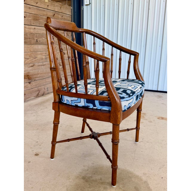 Brown Vintage Chinoiserie Drexel Heritage Faux Bamboo Walnut Spindle Arm Chair Newly Upholstered For Sale - Image 8 of 12