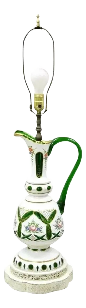 Antique Bohemian Czech Case Glass Green White Urn Ewer Table Lamp