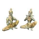 Gilded Bronze Thai Musicians Statues, Set of 2 - Rattanakosin Teppanim Pair, 1940s For Sale