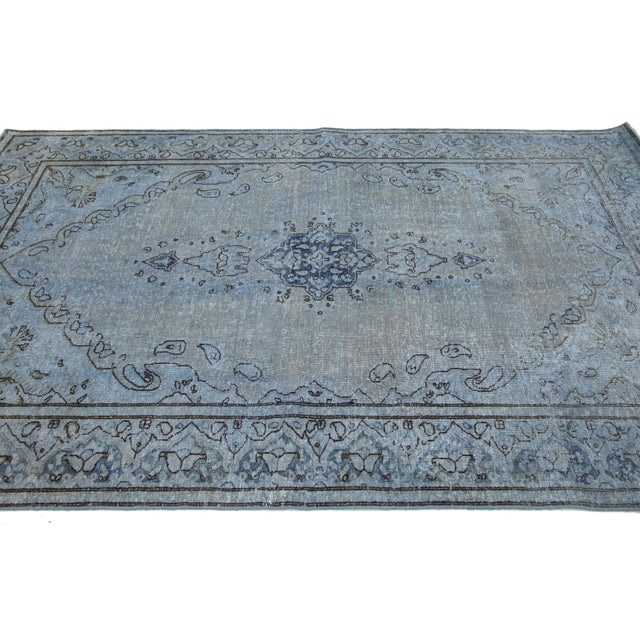 1960s Floral Designed Persian Overdyed Wool Rug in Blue and Gray For Sale - Image 5 of 9