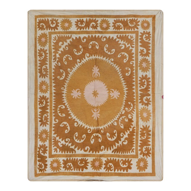Caramel Toned Suzani Throw Blanket | Hand Embroidered Boho Wall Art 4'4'' X 5'2'' For Sale